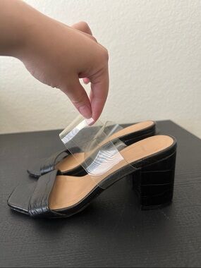 BAMBOO Black Croc Block Heel Mules with Clear Strap